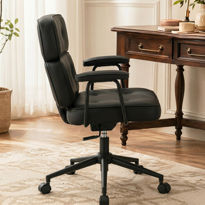 Faux Leather Button Tufted Task Chair, Office Swivel Chair with Padded Armrests, Black