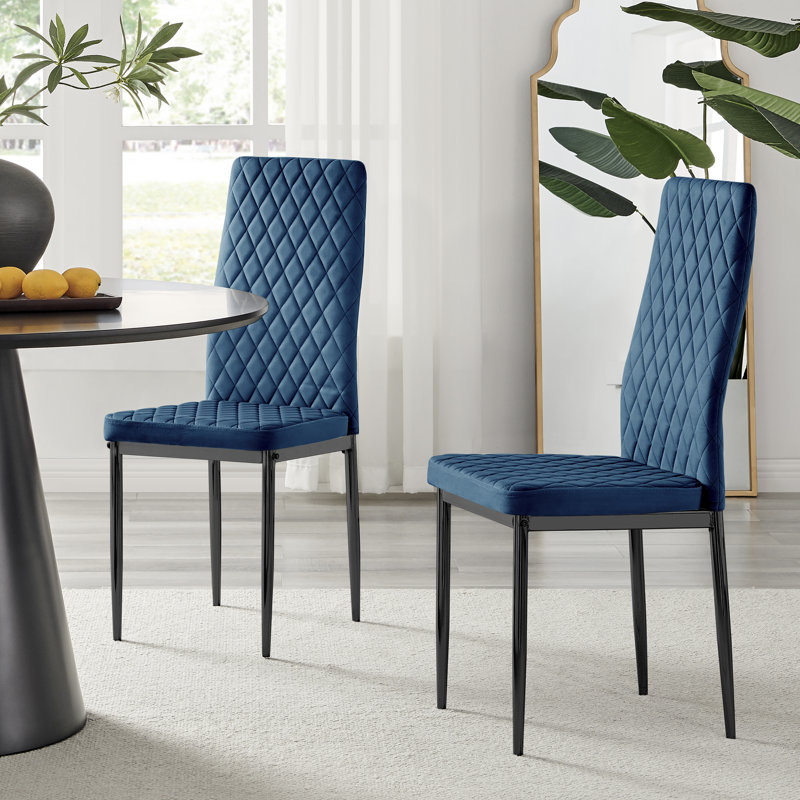 Keensburg Luxury Velvet Modern Tall Back Dining Chairs with Metal Legs & Diamond Stitching, Navy, Black