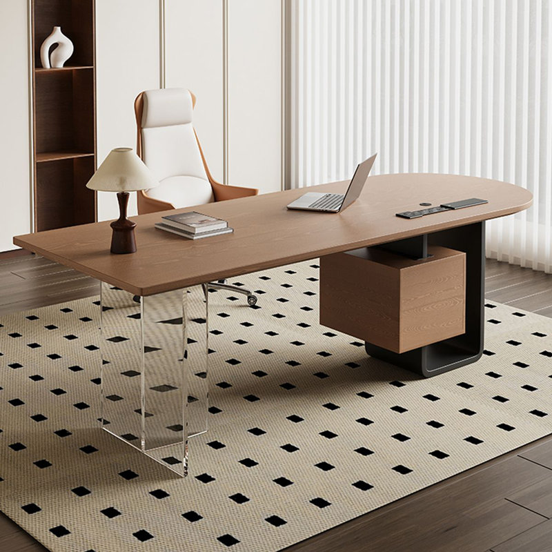 Bureau brun / noir + demi-cercle en bois massif + acier + acrylique avec 2 tiroirs, H 29,53 po x l 86,61 po x P 31,5 po