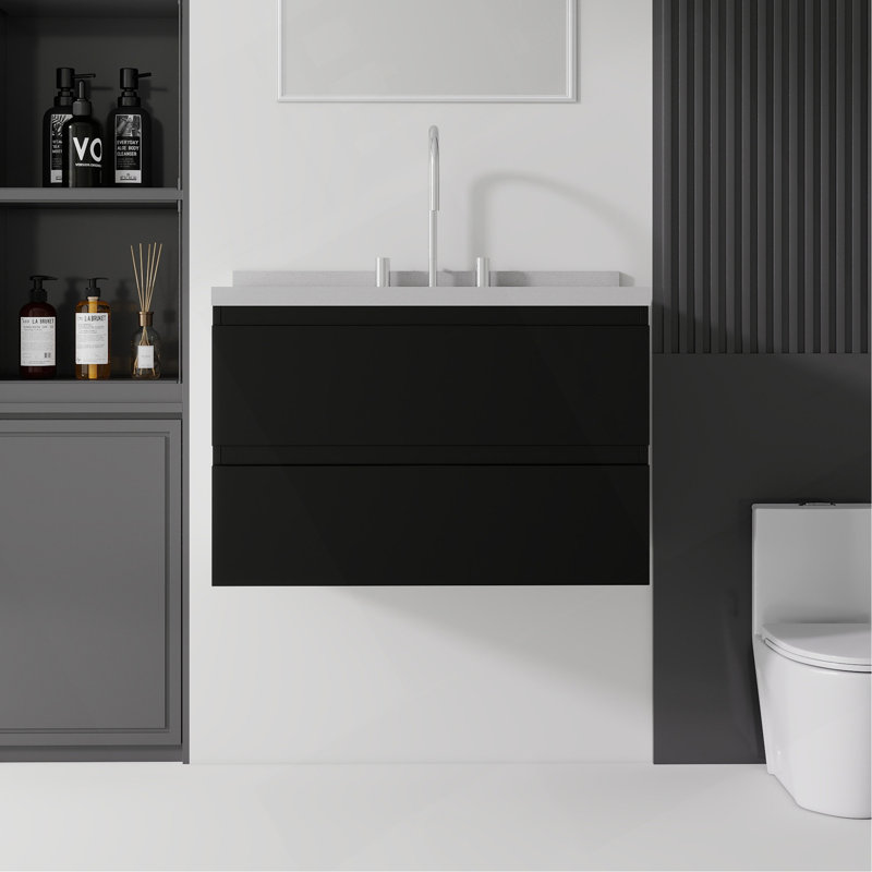 Meuble-lavabo suspendu de 76 cm avec lavabo, tiroir à fermeture amortie, comptoir et dosseret en marbre synthétique blanc granité de 5 cm, contreplaqué
