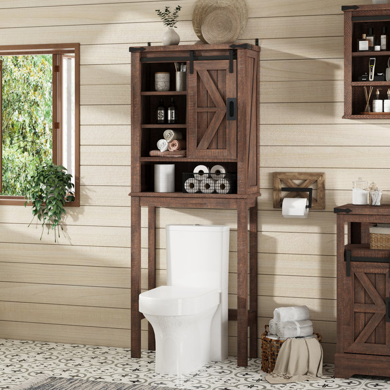 Gracie Oaks 68"H Farmhouse Over Toilet Storage Cabinet With Sliding Barn Door& 3 Adjustable Shelves,, Rustic Brown
