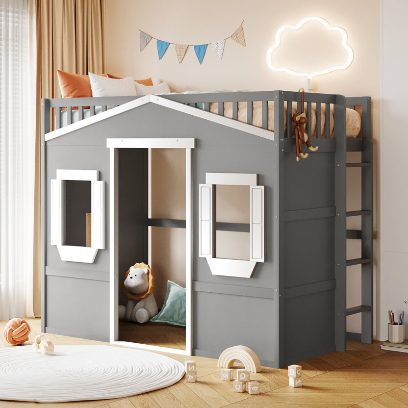 Twin Size House Loft Bed With Ladder, Grey/White, Twin