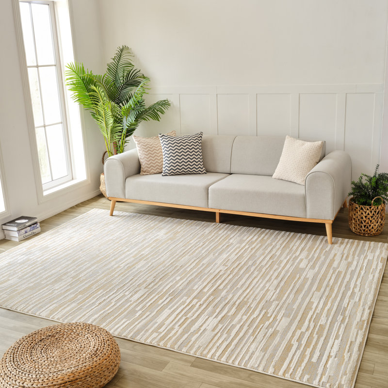 Tapis à motif abstrait beige / brun 7 pi x 10 pi (6 pi 7 po x 9 pi 6 po) Branch Branch Riva, tapis contemporain, à poils moyens et résistant aux taches