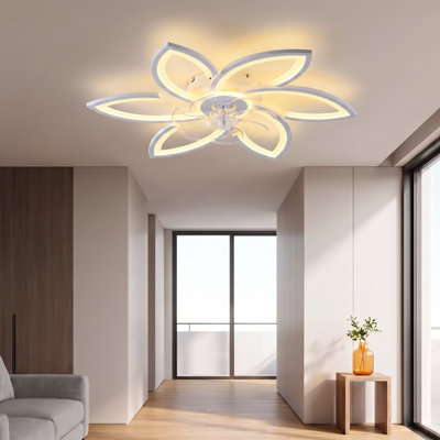 Ventilateur de plafond minimaliste à 6 têtes en forme de fleur, 30,5 pouces, montage encastré, avec lumière DEL (blanc)