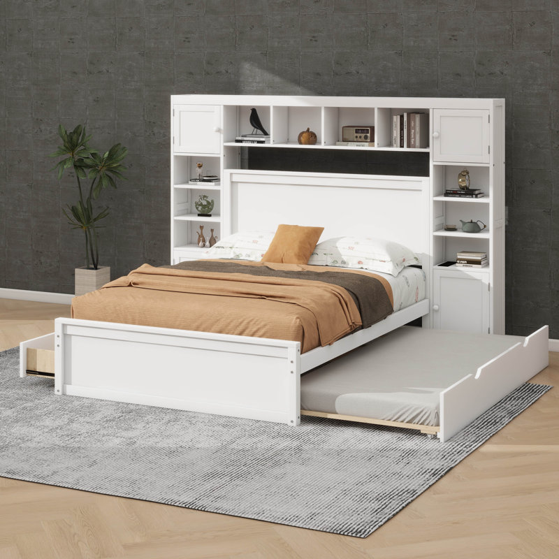 Lit double en bois avec tablettes et prises de courant polyvalentes, Blanc