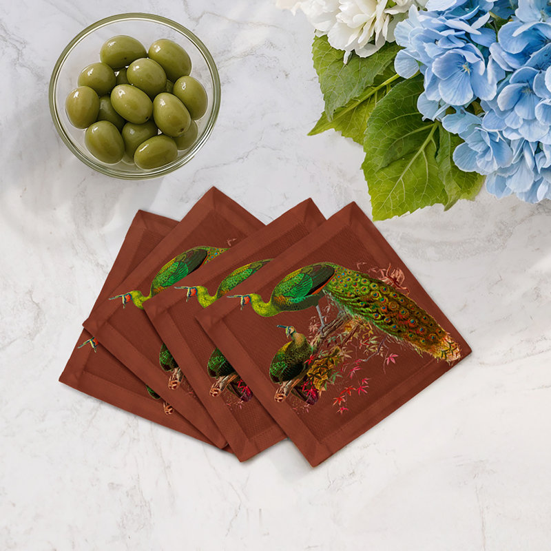 Family Pheasants Cotton Sateen Cocktail Napkins, Rust