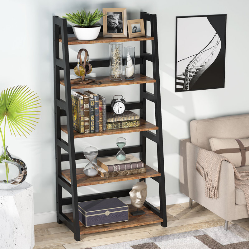 5-Tier Bookshelf, Ladder Industrial-Style Shelving, Suitable for Living Rooms, Studies, and Offices, Rustic Brown