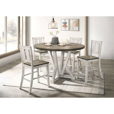 Table de salle à manger à hauteur de comptoir 5 pièces à thème rustique, blanc antique et brun cendré, table et chaise en bois massif avec pieds - blanc / brun cendré 4 chaises