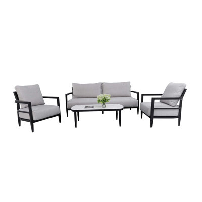 4 Piece Outdoor Seating Set With 2 Club Chairs, Bench Sofa, Marble Style Coffee Table, Rust Resistant Frame, Silver Cushions