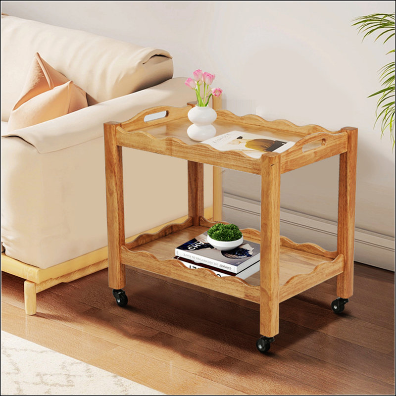 Table d'appoint roulante en bois d'hévéa massif, à 2 niveaux avec roues verrouillables et plateau amovible, robuste et durable pour de multiples utilisations