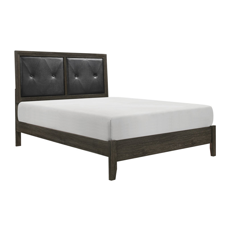 Lit gris foncé avec bouton moderne en similicuir - tête de lit et structure en bois avec cadre en bois massif chic