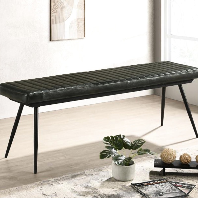 Antique, banc en cuir, pieds en métal, siège rembourré, capitonnage vertical, rustique industriel, moderne, base de salle à manger rembourrée noire, contemporain, rustique
