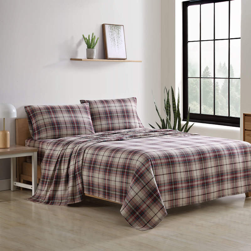 Gray Plaid Cotton Flannel Twin Sheet Set with Deep Pockets