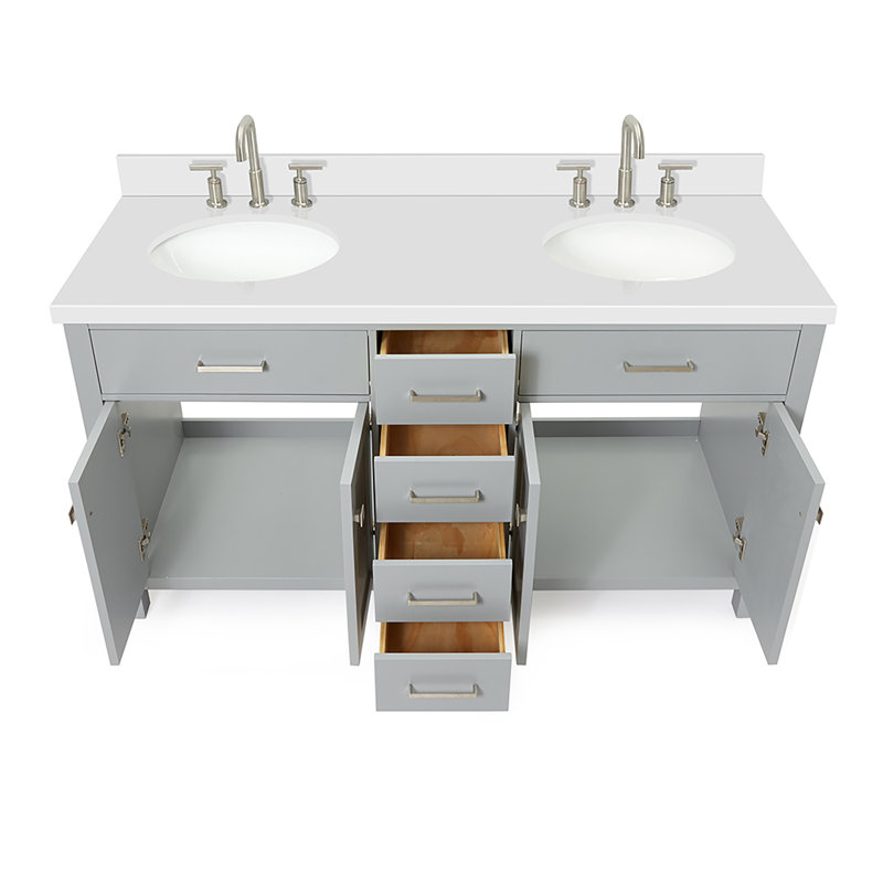 Meuble-lavabo double 60 po avec plateau en quartz blanc Macnair, Gris