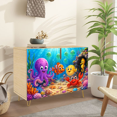 Sideboard Buffet Cabinet with Storage Colorful Underwater Scene Cute Marine Creatures Coral Reef with 2 Doors for Living Room and Kitchen