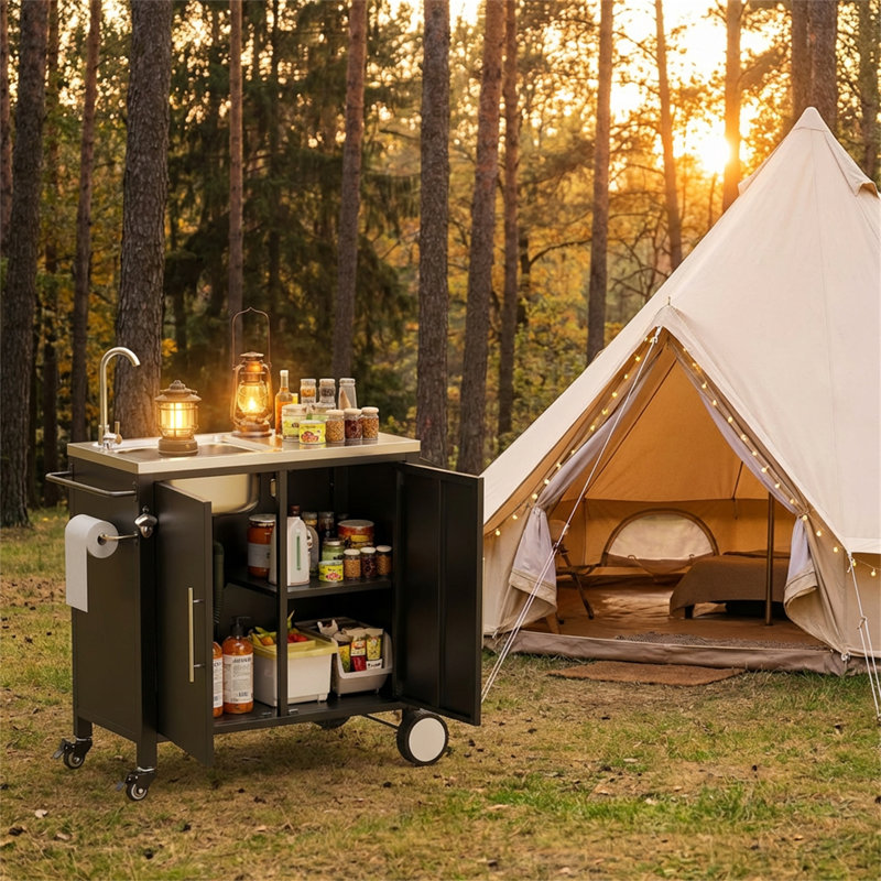 Table de barbecue d'extérieur en acier inoxydable 304 avec évier et roues