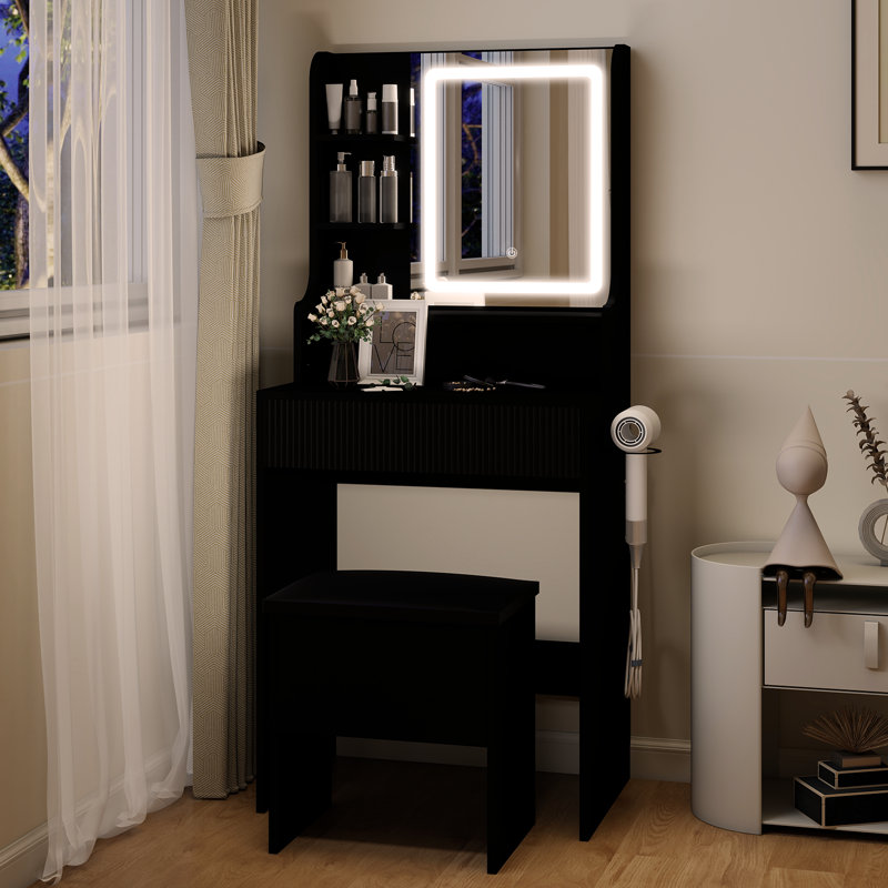 Bureau de coiffeuse avec tabouret, miroir et lumière, Noir
