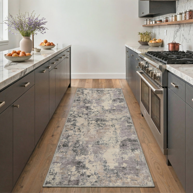 Aura Abstract Machine Washable Purple / Grey Indoor Area Rug with Non-Slip Backing, Runner 2'3" x 6'