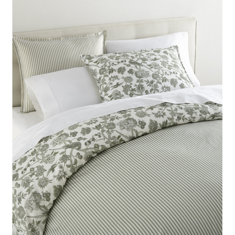 Highgrove Toile Classic Printed Duvet Sets, Queen Duvet Cover + 2 Queen Shams, Green Striped