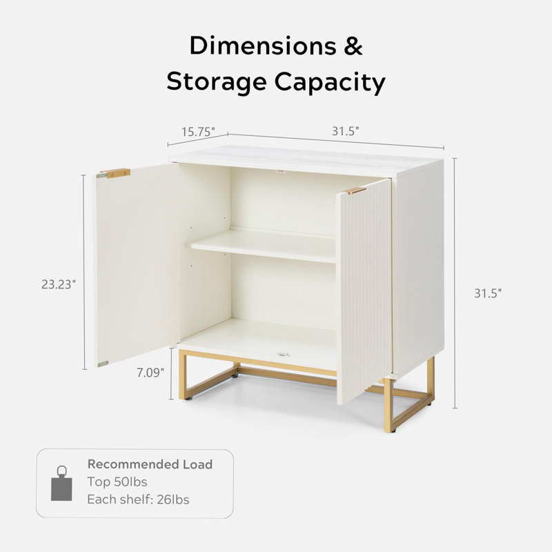 31.5" Tall 2 - Door Fluted Accent Cabinet,Sideboard with Adjustable Shelves, White/Gold, Brushed Gold