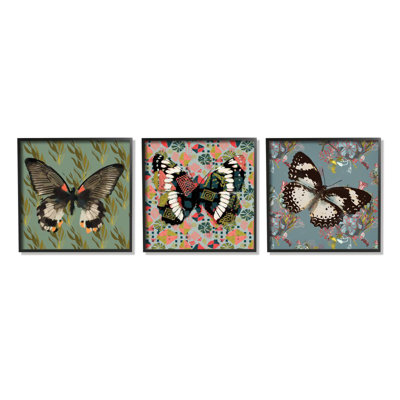 « papillonss on rose blue gold patterns abstract designs » par karen dreyfus-3 pièces, ensemble de 3 reproductions d’impressions sur toiles non encadrées