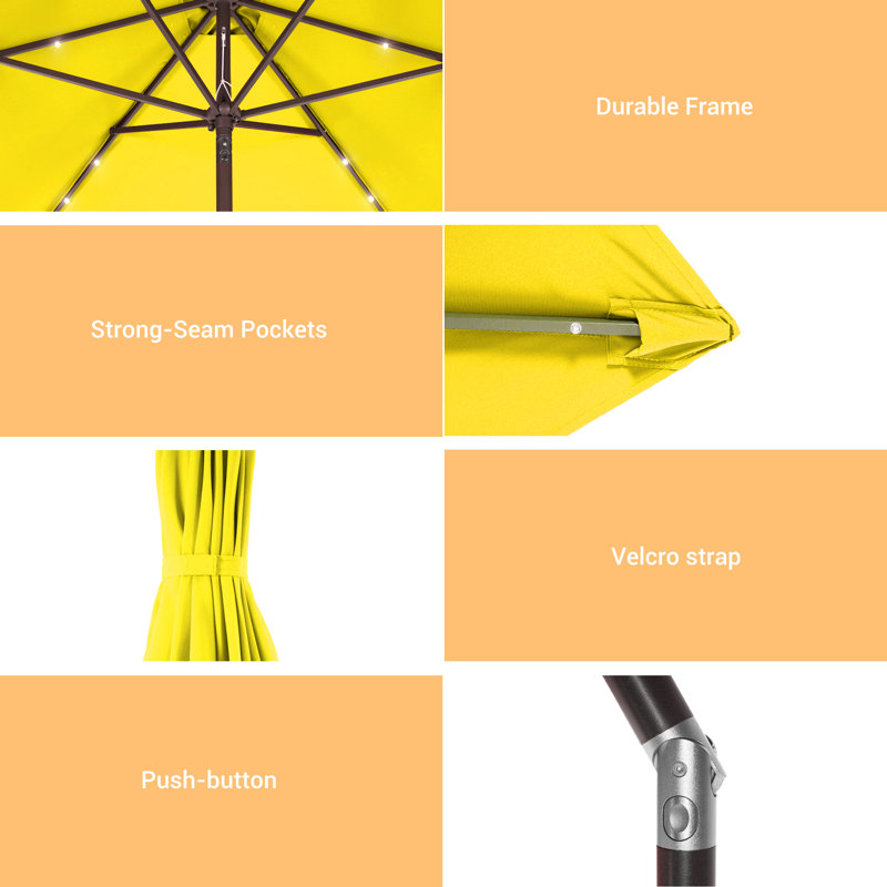 Parasol de marché d'extérieur rectangulaire à DEL 9 pi avec bouton-poussoir Saraye, Jaune