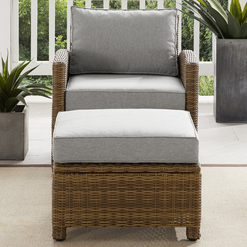 Wicker Outdoor Lounge Chair with Ottoman, Brown, Gray