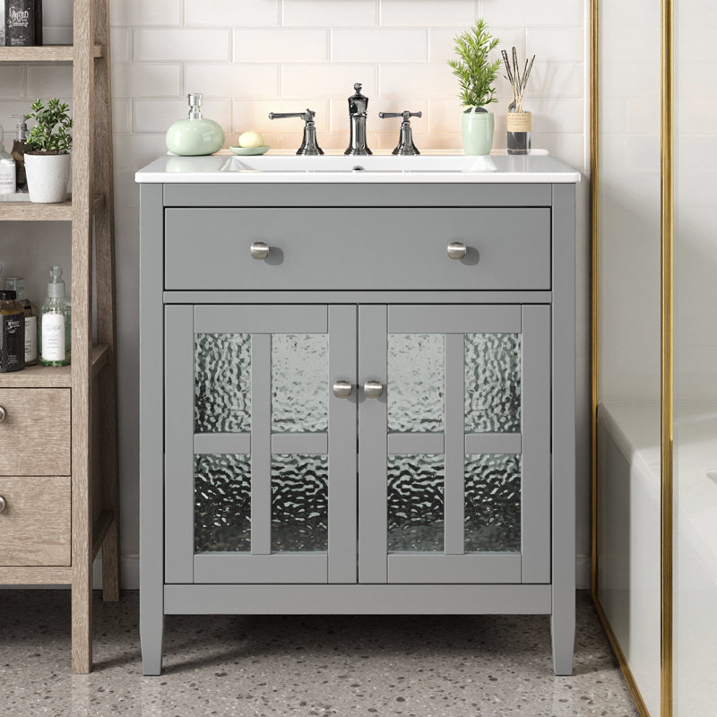 Élégant buffet de style campagne française avec motifs floraux sculptés à la main, Gris