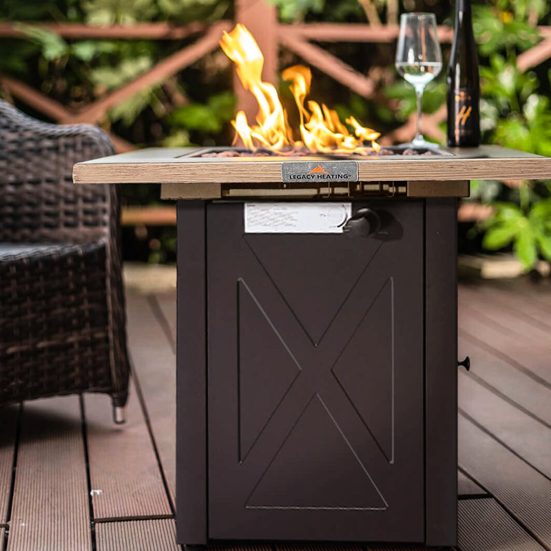 28Inch Outdoor Gas Fire Pit Table 48000 , Square Propane Patio . Bionic Wood Grain Lid. Great For Backyard, Garden, Party, Deck, Courtyard. Brown Steel. 28.6 In. Depth & Width, 23.46 Height, 62.61