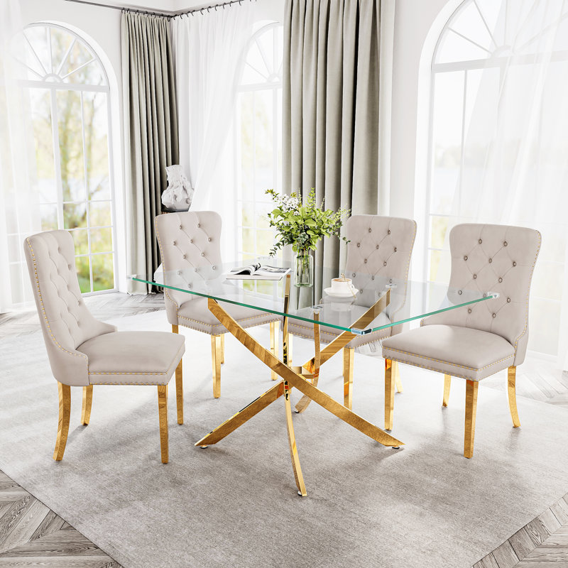 Modern Stainless Metal Base And Rectangle Glass Dining Table Set With Luxury Velvet Dining Chairs, 7 Pieces: Table, 6 Chairs