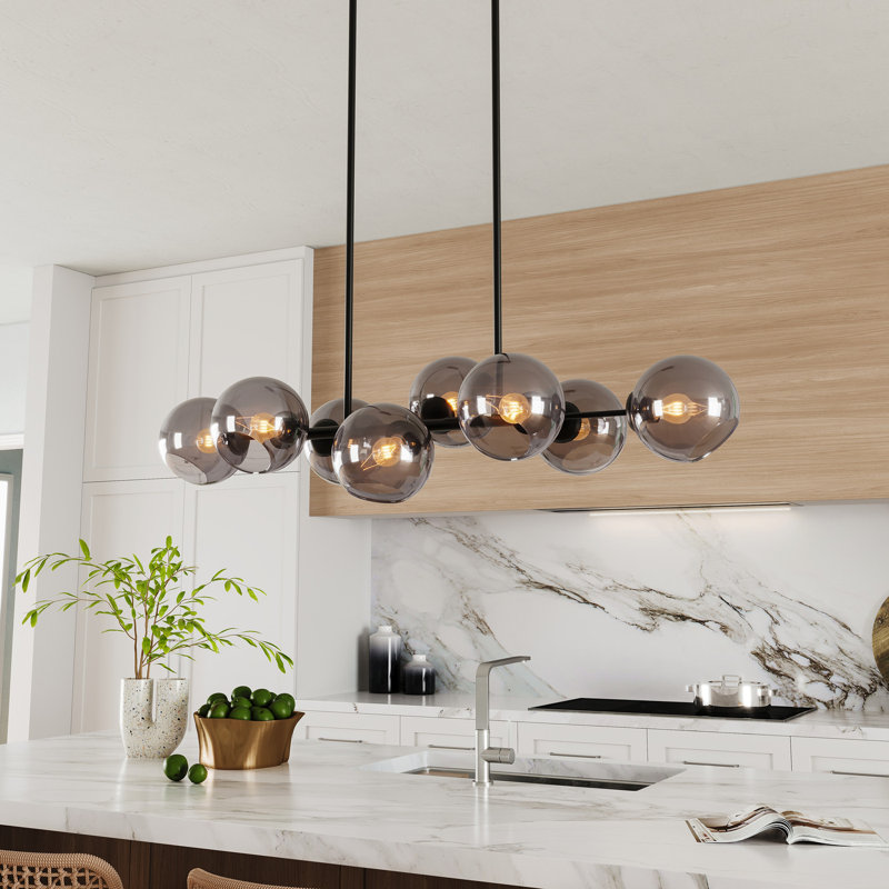 Darry 8-Lights Mid Century Modern Black Linear Chandelier Glass Globe Sputnik Pendant Light