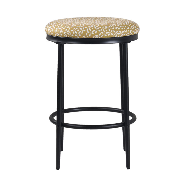 Ebern Designs Upholstered Metal Barstool, Golden Yellow Print