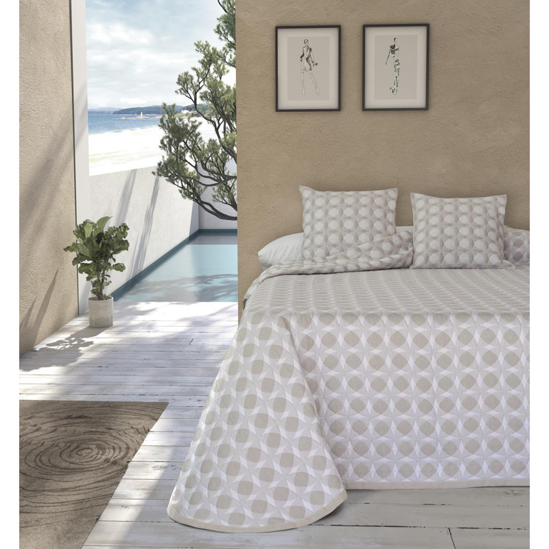 Daiyaan Geometric Shapes Bedspread, Beige, 235 x 270 cm