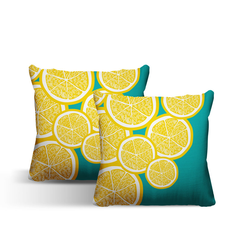 Oreiller carré intérieur / extérieur jaune Lulu, L 17 po x H 17 po, Jaune / turquoise