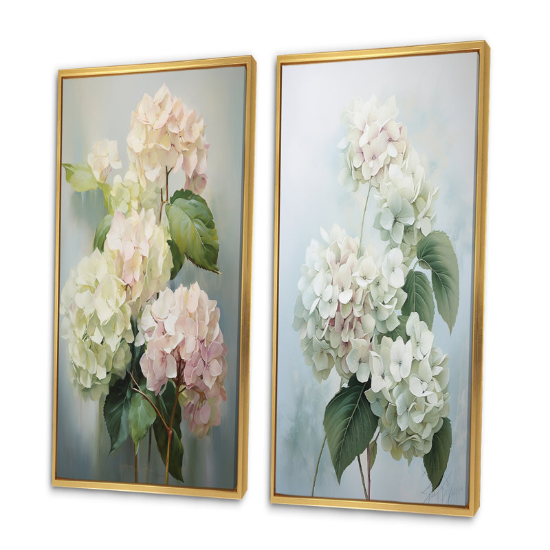 Hortensias blanches et blanches «Whispering Blooms» - 2 pièces, H 40 po x l 40 po, Encadrement doré
