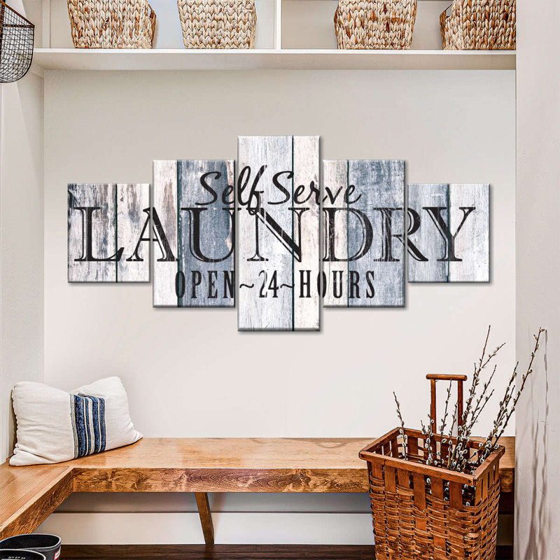 Ensemble de 5 pièces inspirantes et typographiques 24 heures de lessive sur toile, H 34 po x l 74 po x P 1,25 po