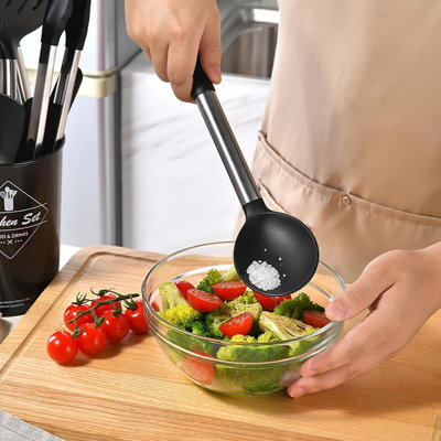 15-Piece Silicone Kitchen Utensil Set With Stainless Steel Handles, Heat Resistant Up To 446°F, Non-Scratch, Dishwasher Safe, BPA-Free (Black)