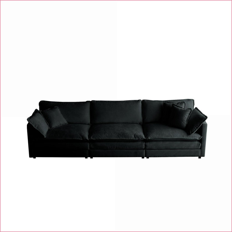 Canapés-lits de style moderne Mid-Century à 3 places avec coussins | Structure en bois massif | Noir | Chenille, Noir
