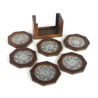Wood 6 Piece Coaster Set With Holder