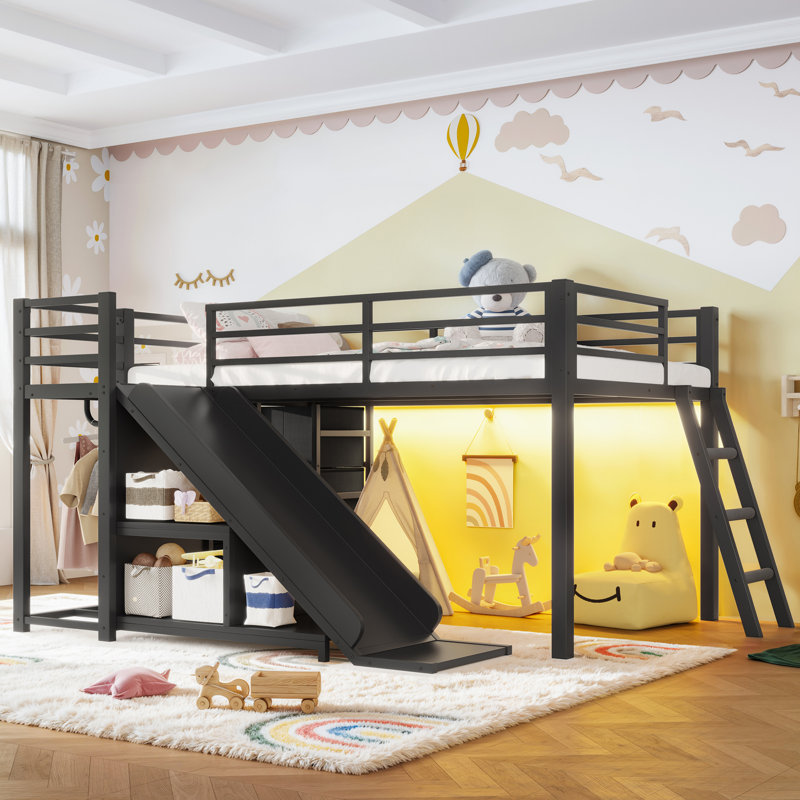 Lit mezzanine simple en métal avec glissière réversible, tiroirs de rangement, tablettes et éclairage DEL, Black