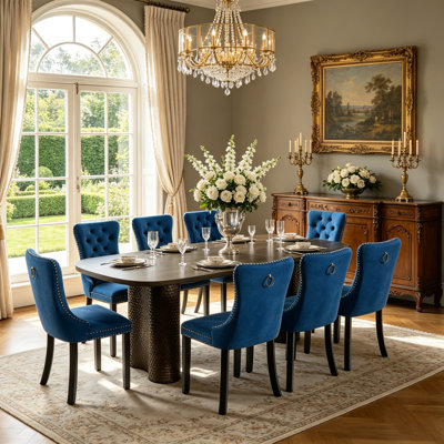 Ensemble de salle à manger ovale extensible 9 pièces pour 8 personnes, table de cuisine de style campagnard de 63" à 95" avec base incurvée martelée et 8 chaises capitonnées en velours
