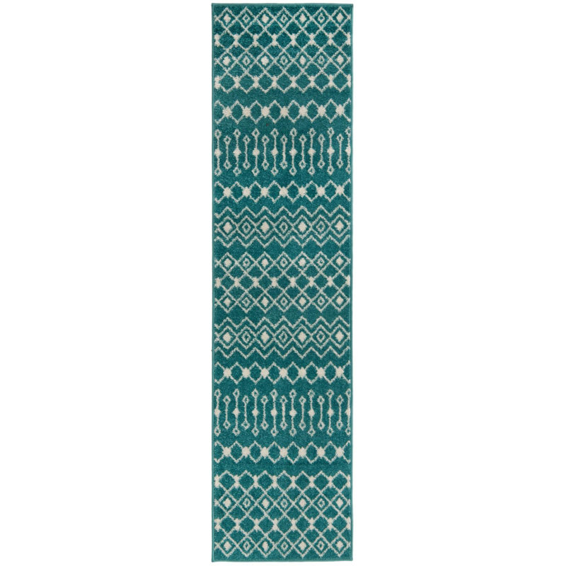 Tapis bleu / blanc en chenille / polyester tissé à la machine Briehn, Tapis de couloir 2 pi x 8 pi