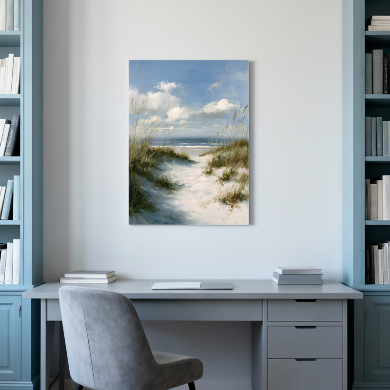 Ensemble de 1 toile tendue représentant un chemin de plage avec dunes et vue sur l'océan, H 24 po x l 16 po