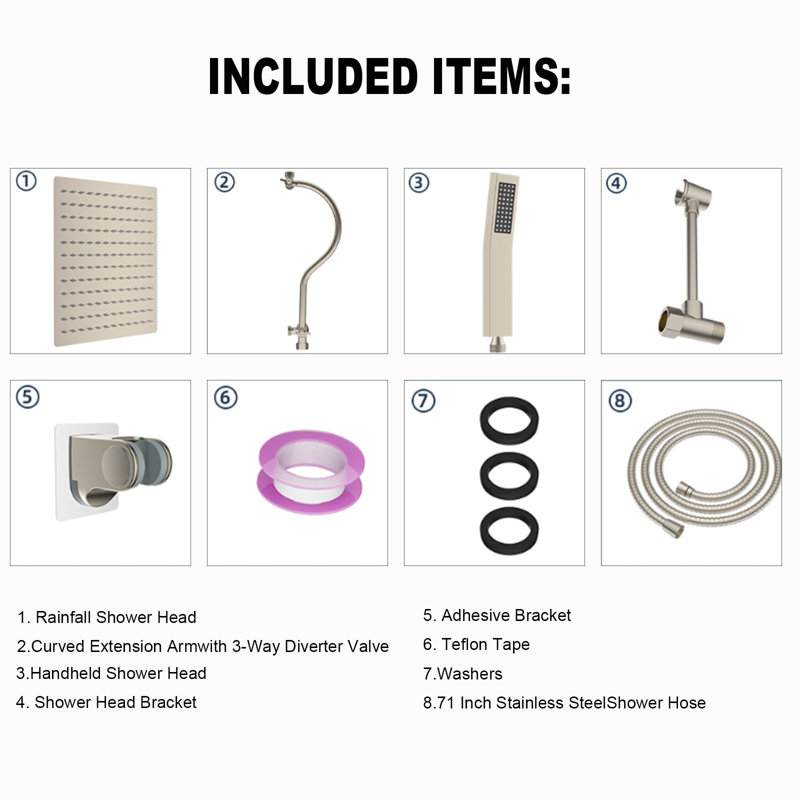 Premium All-Metal Shower System – 8" High-Pressure Rainfall Shower Combo With Adjustable Extension Arm, Brushed Nickel