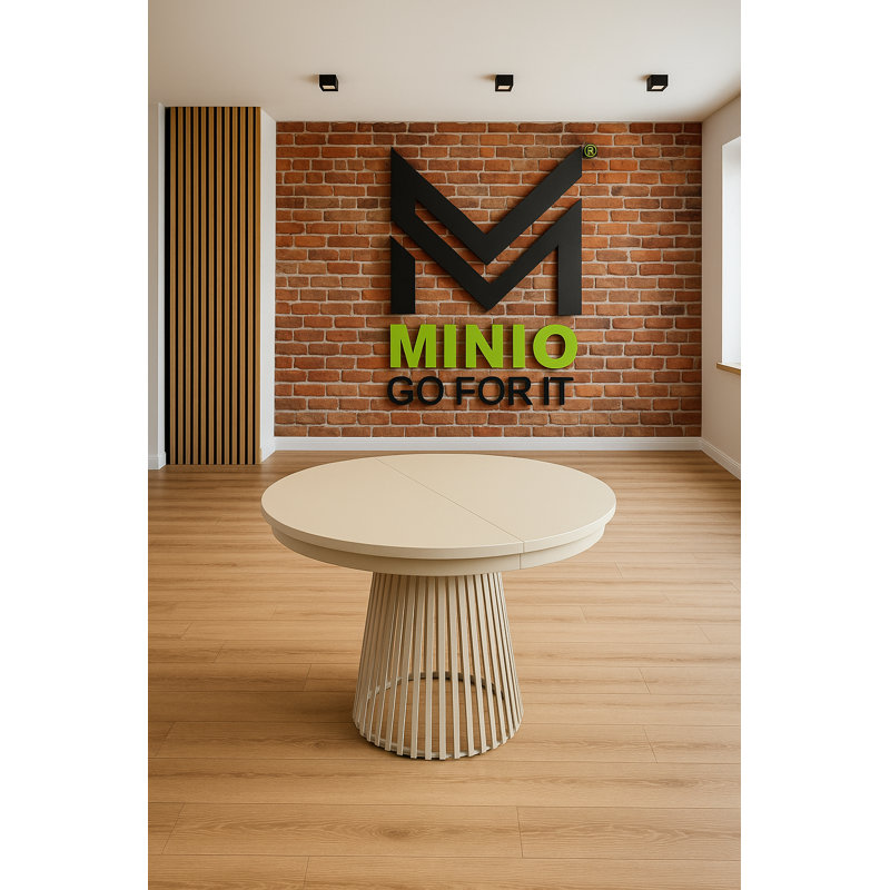 Extendable Round Metal Base Dining Table, Beige, Beige