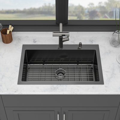30 X 22 10 Inch Single Bowl Stainless Steel Gunmetal Black Kitchen Sink With 360 Rotating Faucet, Nano Surface, And Drying Rack Waterfall Faucet Mode, X - Shaped Water Guide, Included