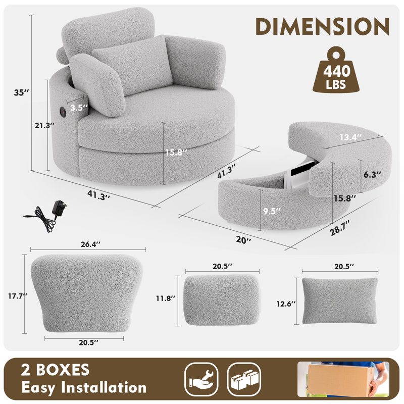 Swivel Accent Chair, Swivel Chair With Ottoman, Oversized Barrel Chair With Usb Charging Port, Round Chaise Lounge Indoor With 4 Pillow, Reading Chair For Living Room (teddy Fabric)