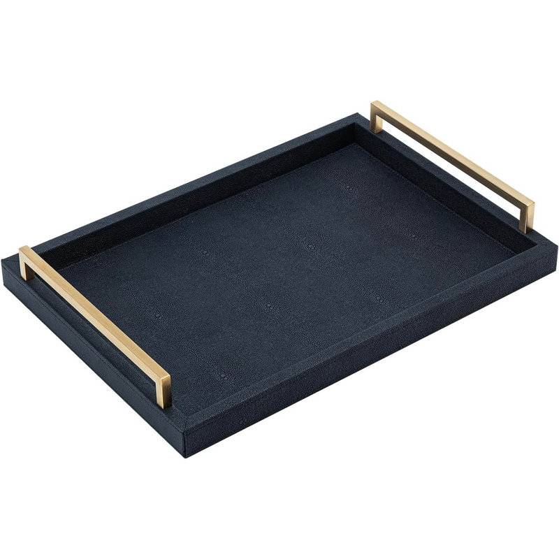 Faux Leather Serving Tray With Brushed Gold Handles, Black