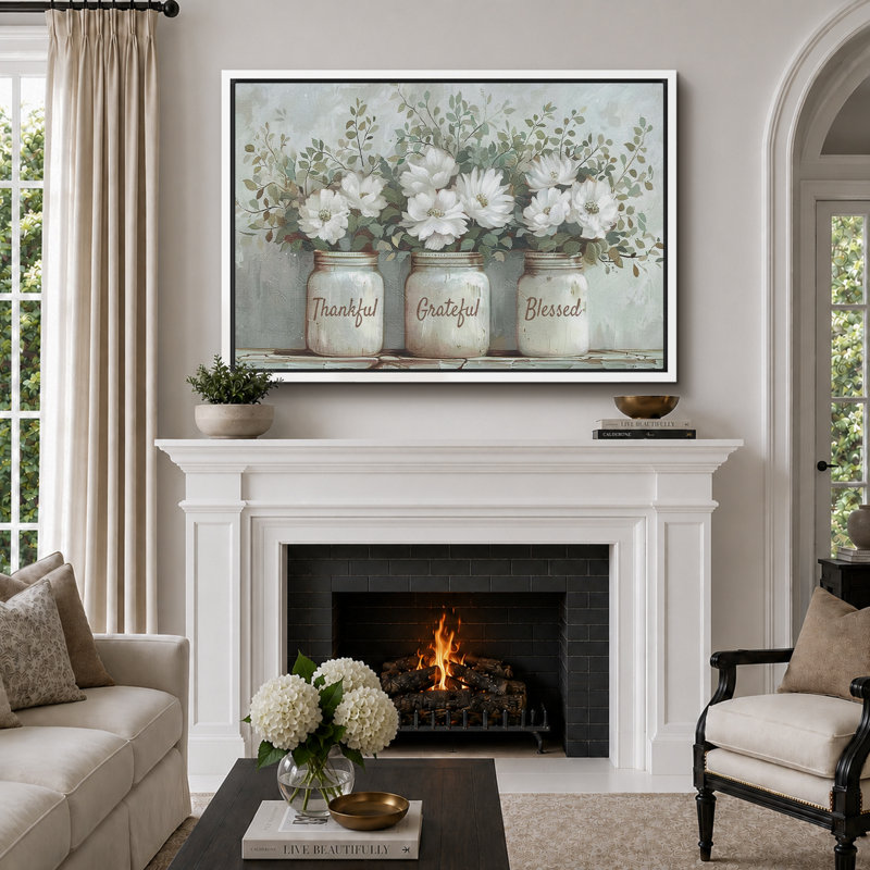 Thankful Grateful Blessed Inspirational Green Floral Rustic Mason Jar Large Canvas Print Wall Art, Floater Framed Print
