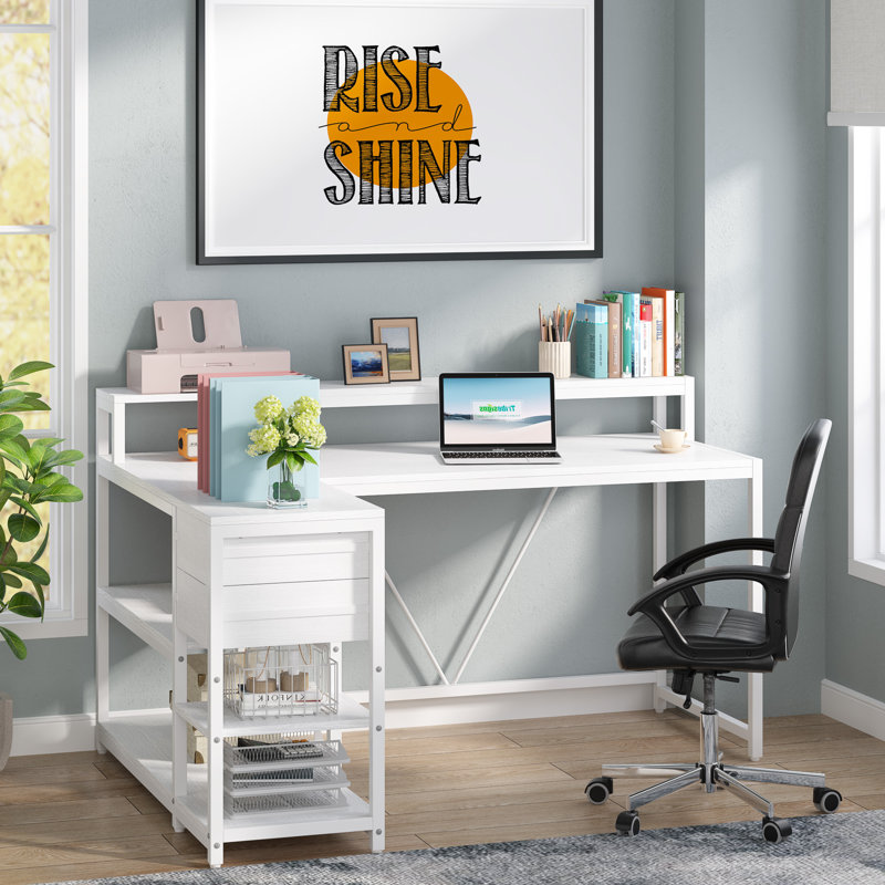 Bureau d'ordinateur en forme de L réversible avec support pour écran, Blanc